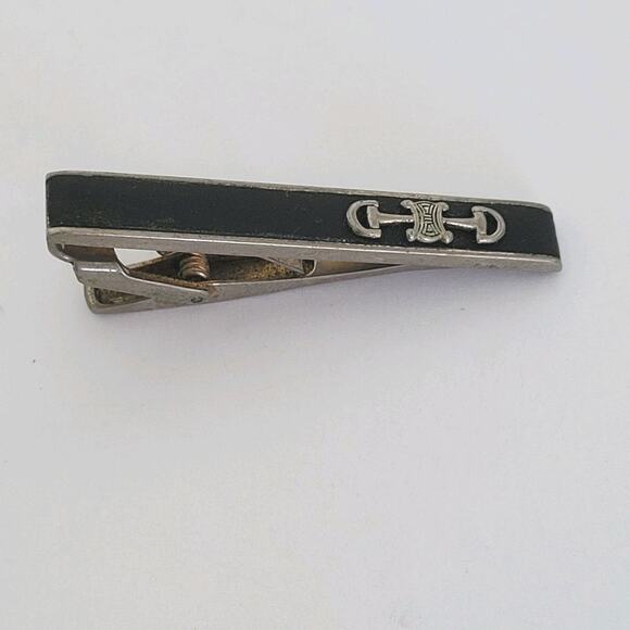 Celine Tie Bar Clip Clasp Silver Black Tone Horsebit 2in Logo Vintage Fair - Picture 1 of 6